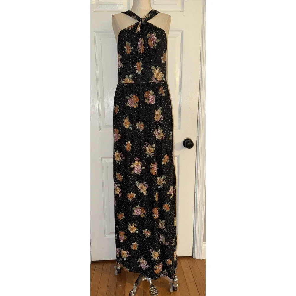 Free People Vintage Boho Black Floral Jersey Dress Slit Size L Large Maxi Halter